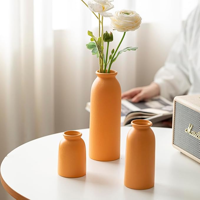 Ceramic Vase Set-3, Small Flower Vases for Decor, Modern Boho Farmhouse Style, Decorative Vases for Pampas Grass & Dried Flowers, Distressed Finish (Orange)