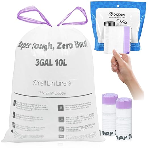 OKKEAI 3 Gallon Small Trash Bags with Drawstring, 64 Count Bathroom Garbage Bags – Leak-Proof Tear-Resistant Wastebasket Liners for Bathroom, Kitchen, Office