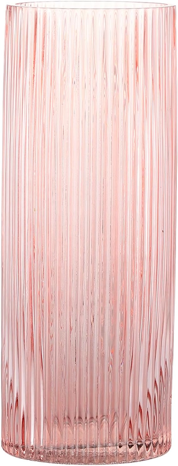 Pink Glass Vase, Glass Flower Vases, Ribbed Vase, Pink Vase, Tall Cylinder Glass Vases for Living Room, Bedroom, Dining Table, Office, Wedding, Bookshelf Decoration, 12 Inches