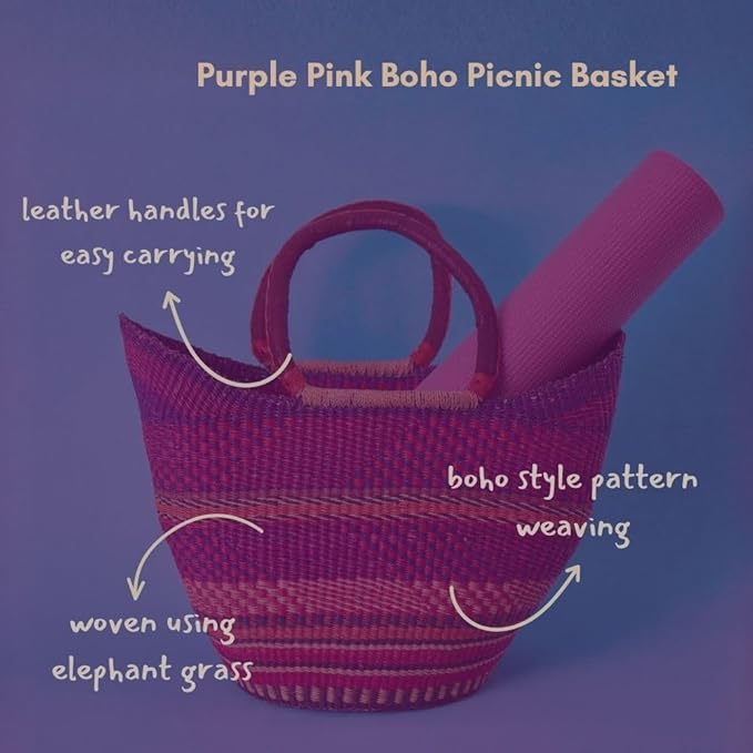 Purple Pink Picnic Basket, Reusable Grocery Bag, Kitchen & Dining Storage, Countertop Fruits Holder, Farmers Market, Beach, Harvesting, Foraging, Decorative, Wicker, Woven, Boho Style