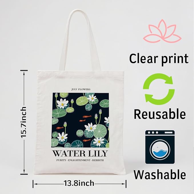 Flower Canvas Tote Bag, July Water Lily Reusable Shoulder Bags, Christmas Gifts to Sister and Friends, Holiday Gift Bags for Wrap Storage, Casual Canvas Totes for Work Traveling