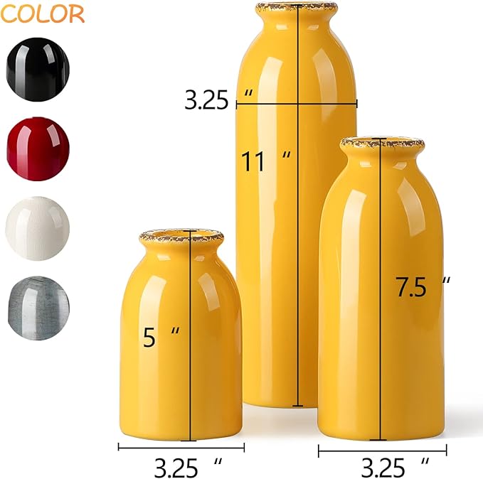 CWLWGO-Ceramic Yellow Vase Set of 3, Home Decorative Vases,Modern Farmhouse Decoration, Living Room Accents & Dining Table Centerpieces,Idea Bookshelf Décor, Mantel and Entrance Decorative.