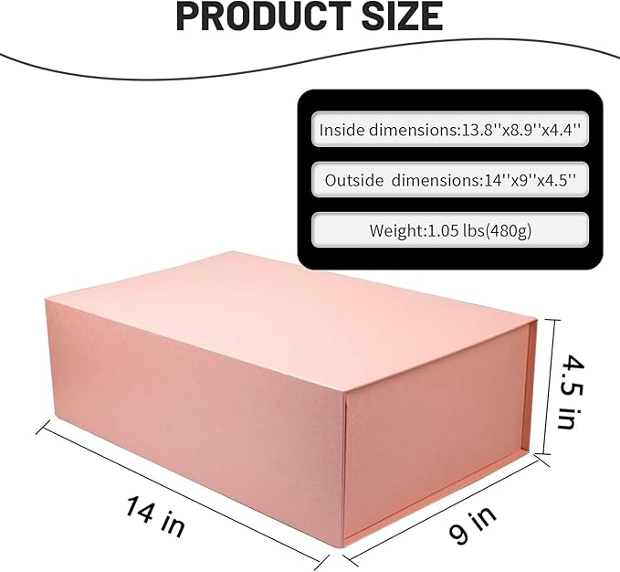 YINUOYOUJIA Pink Gift Boxes with Lid,14"x9"x4.5" Magnetic Gift Box with Ribbon,Cards and Envelopes for Presents,Great for Wedding,Birthdays,Crafting,Gift Packaging.