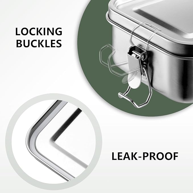 Leonyo 47oz 18/10 Stainless Steel Lunch Box, 1400ml Metal Bento Box for Adults with 2 Dividers, Leak-Proof Bento Snack Containers for Women Man, Dishwasher Safe, Oven Safe Except for Lid