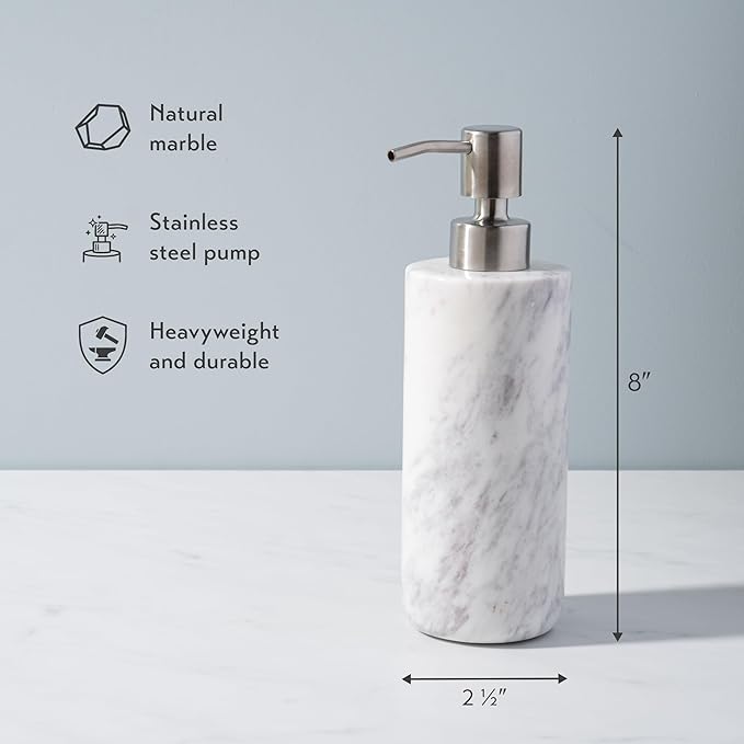 Cork & Mill Marble Soap Dispenser for Bathroom Countertop or Kitchen Sink, Real Natural White Stone with Stainless Steel Pump Top, Ideal for Lotion, Liquid Dish or Hand Soap, Modern Bath Accessories