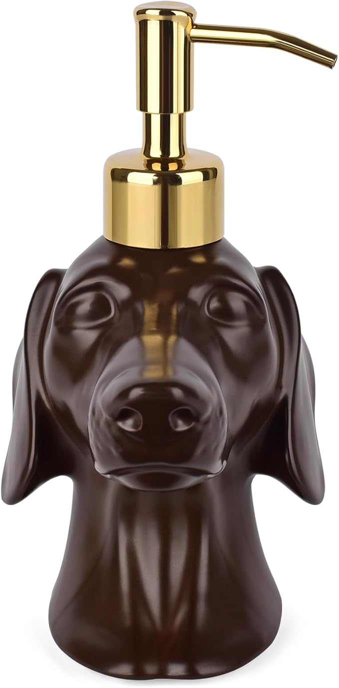 Dachshund Dog Shaped Soap/Lotion/Hand Sanitizer Weiner Ceramic Stainless Steel Pump Dispenser Gift for Dog Lover, Refillable for Kitchen and Bathroom(Brown)