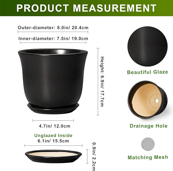 8 Inch Plant Pot - Ceramic Pots for Plants with Drainage Hole and Saucer, Round Planter for Indoor Outdoor, Modern Flower Pot, Gifts for Plant Lovers, Home Room Garden Porch Decor, Black