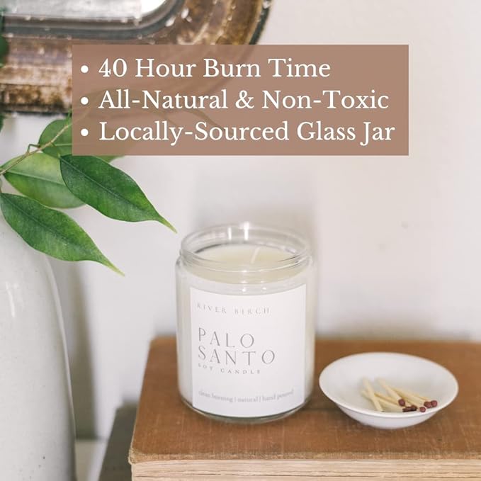 River Birch Candles Palo Santo Scented Candle | Premium, All-Natural, Non-Toxic, Soy Candles | 8.5oz 40 Hr Burn Time | Cozy Relaxing Gifts for Home