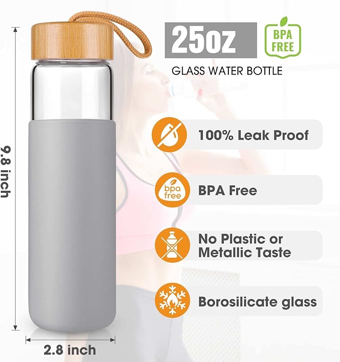 25 Oz Borosilicate Glass Water Bottles with Silicone Sleeve BPA Free, Dishwasher Safe - Reusable Clear Glass Drinking with Leak Proof Bamboo Lid | Perfect Gym Water Bottles for Men & Women
