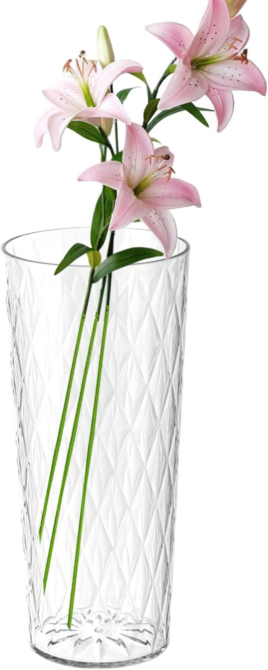 Clear Acrylic Ribbed Vase Wide Flower Plastic Vases for Centerpieces Mouth Vase Pot Container Large Cylinder Decorative Display Tulips Wide for Home Wedding Party Table Home Shatter-Proof