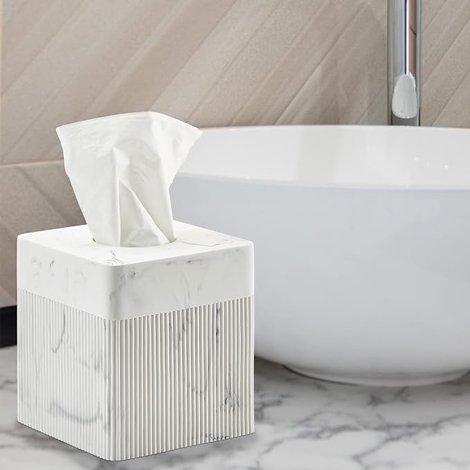 White Tissue Box Cover Square Resin Tissue Holder for Home Decor, Hand Poured Marble Ribbed Cube Tissue Box Holder – 5.5 Inch Heavy Duty Luxury Tissue Box Case for Bathroom, Living Room, Office