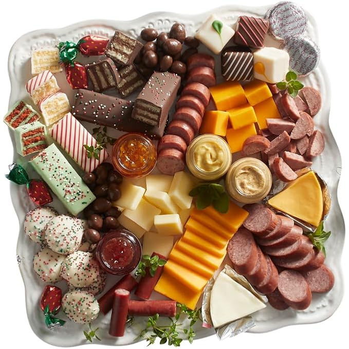 5 Red Gift Boxes - The Swiss Colony 27 Favorites Food Gift Set, Summer Sausage Meats and Cheeses, Assorted Chocolates, Candies, Petits Fours, Cheese & Charcuterie Board Gifts Basket Holiday Christmas