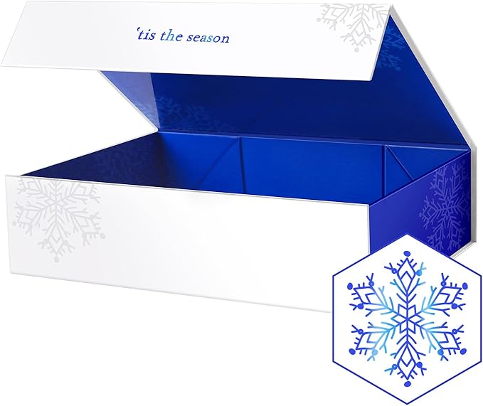 PACKHOME Christmas Gift Box 13x9.7x3.4 Inches, Large Gift Box with Lid, Sturdy Shirt Box with Magnetic Lid for Wrapping Gifts (Blue Snowflake Pattern)