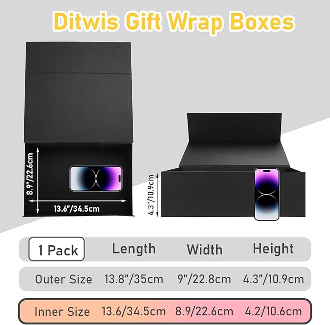 Ditwis 13.8x9x4.3 Inches Gift Box with Magnetic Closure Lid, Black Magnetic Box for Wedding, Groomsmen Bridesmaid Proposal, Birthdays, Mother's Day, 1 Pack