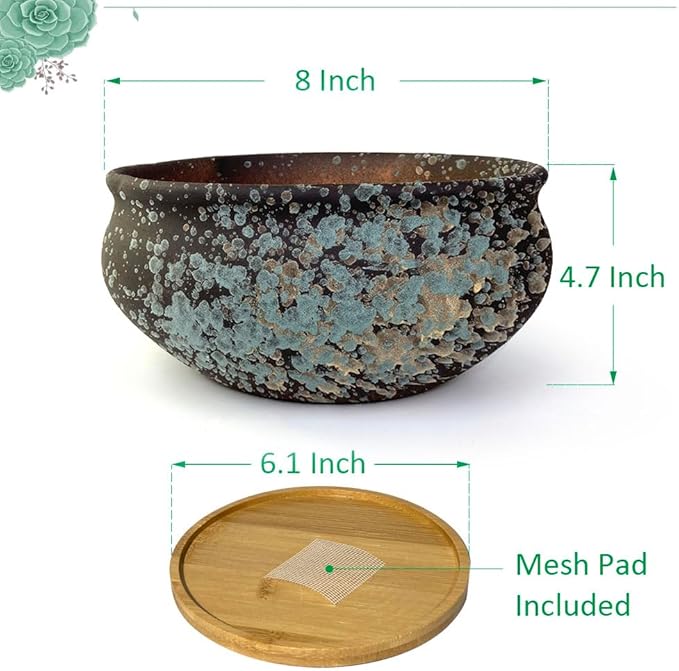 8 Inch Succulent Pot with Drainage and Saucer Glazed Terracotta Round Ceramic Succulent Planter Cactus Bonsai Plant Pot (Black)