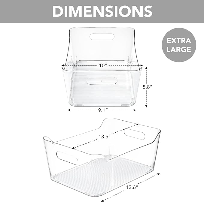 Tiawudi 4 Pack Plastic Storage Bins, Extra Large Pantry Organizer, 13.5" x 10" Clear Storage Containers and Organizer Bins, Multi-Use Bins for Home, Kitchen, Closet and Cabinet