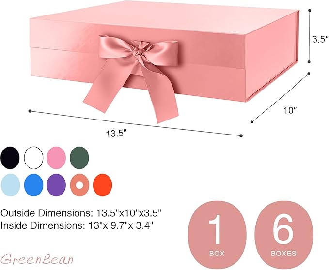 GREEN BEAN 6 Large Gift Boxes with Lids for Presents 13x9.7x3.4 Inches, Rose Gold Magnetic Gift Boxes with Ribbon, Bridesmaid Proposal Boxes, Luxury Christmas Gifts Boxes (Glossy Rose Gold)
