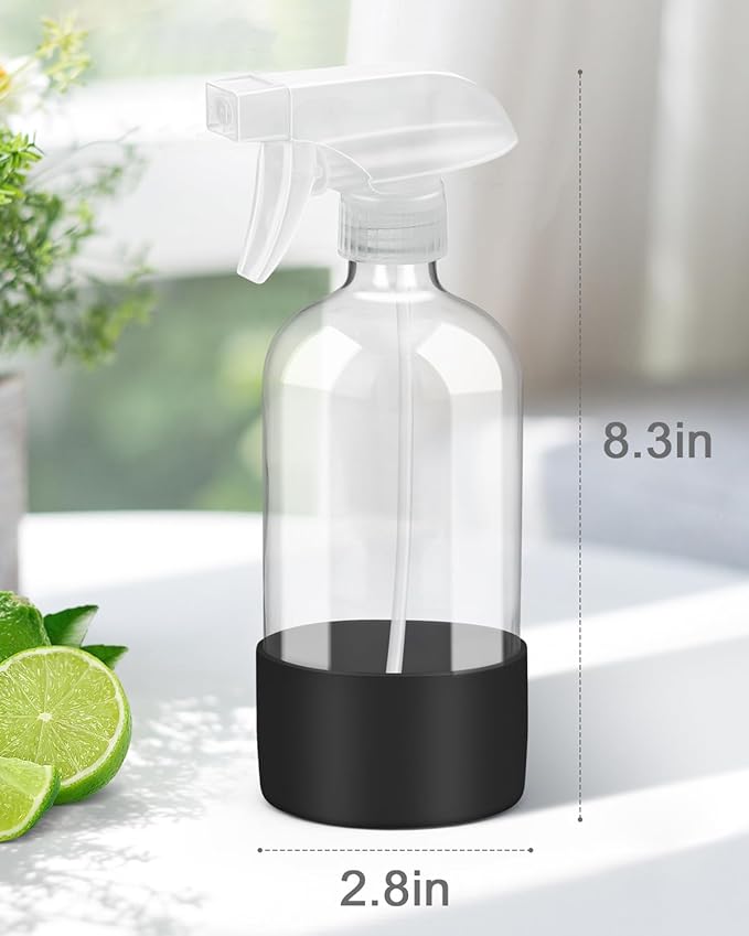 Glass Spray Bottles with Silicone Sleeve Protection, Empty 16OZ Reusable Spray Bottles, Refillable Containers with Spray Nozzles for Cleaning Solutions, Plants and Essential Oils 1 Pack Black