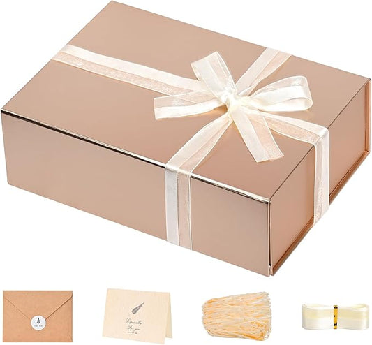 LIFELUM Rose Gold Gift Box 8 x 7 x 3 Christmas Gift Box with Magnetic Lid for Presents Sturdy Storage Contains Card, Ribbon, Shredded Paper Filler (1 Pcs