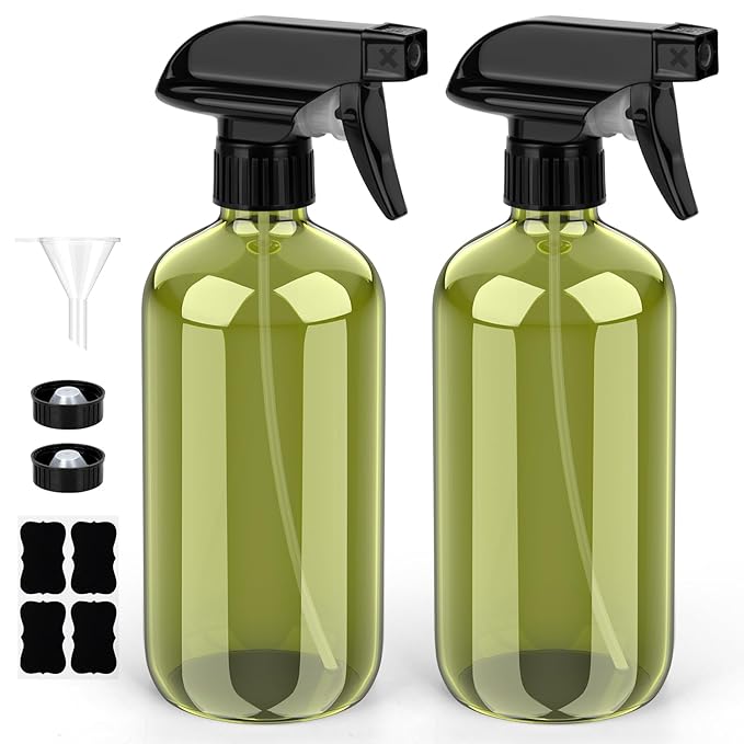 Glass Spray Bottle, Olive Green Glass Spray Bottle Set & Accessories Refillable for Plants Window Cleaners Aromatherapy Facial Hydration Watering Flowers Hair Care (2 Pack/16 oz) (Olive Green