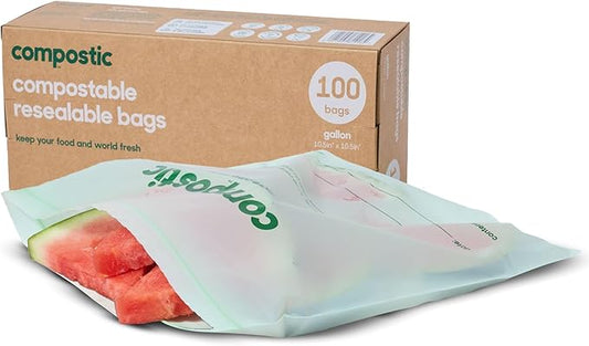 Compostic Home Compostable Resealable Gallon Bags (10.5"x10.5"), Microwave & Freezer Safe, Organic Food Storage Container, 100 Count