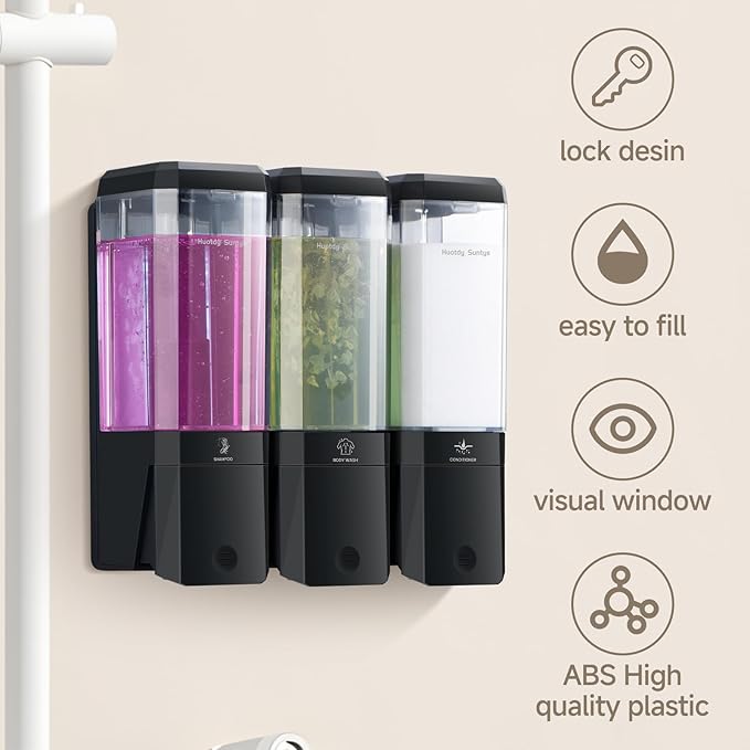 Shower Soap Dispenser Wall Mounted Shower Dispenser 3 Chamber No Drill Shampoo and Conditioner Dispenser Refillable Shampoo Dispener for Shower 3 * 500ml for Bathroom Hotel (Black 3 Chamber)