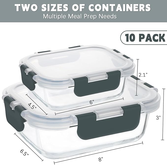 KAMOTA Glass Food Storage Containers, 10 Pack Glass Meal Prep Containers, Airtight Containers with Snap-Lock Lids, 34 oz and 13 oz gray Container Set with Lids, for Microwave/Oven/Freezer/Dishwasher