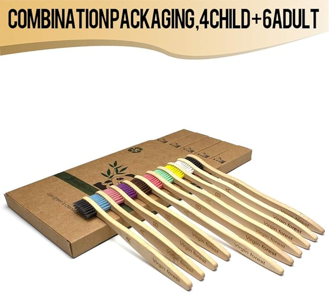 Virgin Forest Kids Bamboo Toothbrush, Eco Friendly Toothbrushes, BPA Free Soft Bristle for Assorted Colors Adults and Children (6+4 Pack)