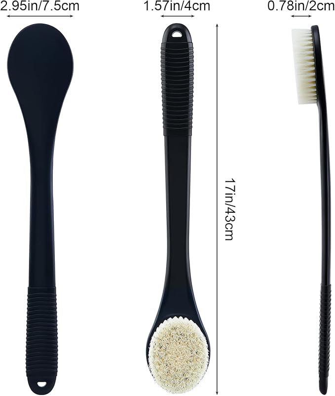 Back Scrubber for Shower, Shower Body Brush for Cleaning with Long Handle for Showering, 17 Inch Back Washer Exfoliator for Shower Men Women with Non-Slip Handle, Adhesive Hook (Black)