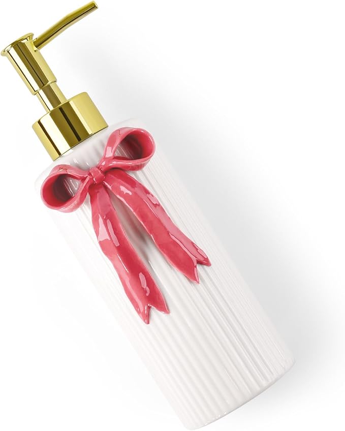 Handmade Ceramic Bow Soap Pump Dispenser Hand Lotion Liquid Dispenser Refillable for Kitchen and Bathroom Decorative (Ribbon Red)