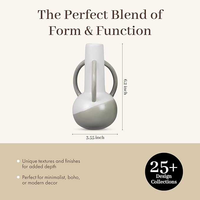 Young's Inc Modern Stoneware Dipped Color Vase with Sculptural Dual Handles – Contemporary Decorative Home Accent, Neutral Table Centerpiece, 6.2 Inch Height