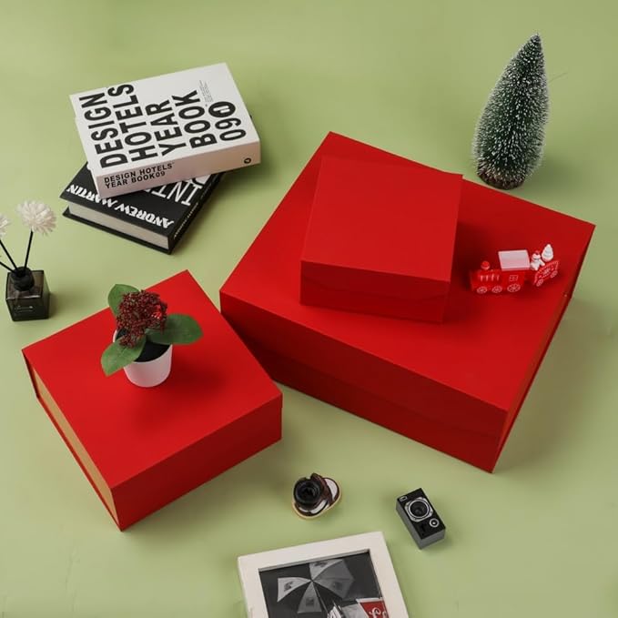 1 Pcs 6x6x3 Inch Red Magnetic Gift Box Small Magnetic Box with Crinkle Paper Red Small Gift Box with Shredded Paper Luxury Gift Boxes with Lids for Presents