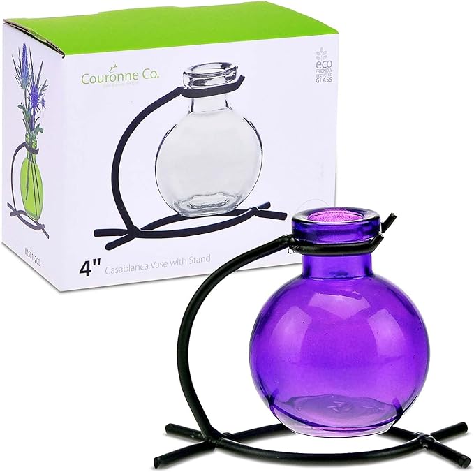 Couronne Company M501-200-21 Casablanca Recycled Glass Vase & Metal Stand, 4", Violet, 1 Piece