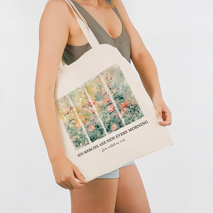 Funny Canvas Tote Bag, His Mercies Are New Every Morning Tote Bag, Christian Canvas Totes for Work Traveling, Reusable Grocery Shoulder Shopping Bags, Christmas Gifts to Women Friends
