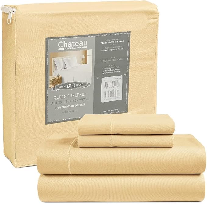 Egyptian Cotton Sheets Queen Size Bed Set, 800 TC Deep Pocket Sheets Queen, All Season Soft Breathable Sateen Weave 4-Piece Sheet & Pillowcase Sets, Fits upto 17",Machine Wash & No Pill - Semolina