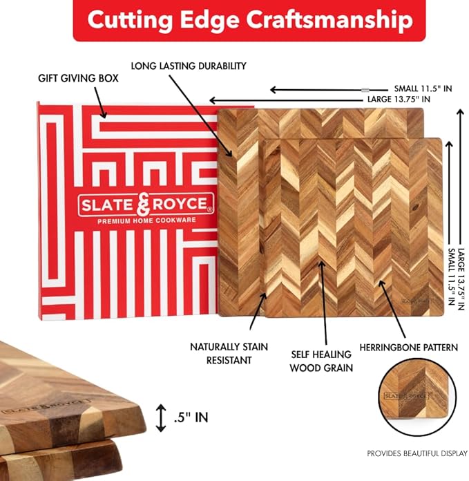 SLATE & ROYCE Acacia Wood Cutting Board Set of 2 - Herringbone Pattern Kitchen Boards - Large & Small Square Wooden Cutting Boards - Premium Charcuterie Boards - Serving Tray - With Gift Box