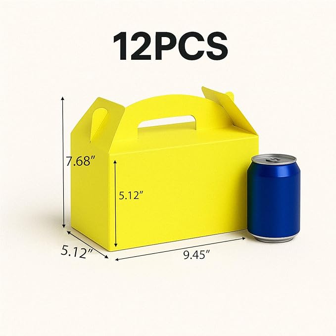 12Pack Large Party Favor Boxes,Yellow Treat Boxes,XiePiPiPaper(9.45*5*5"),Large Goodie Boxes, Gable Gift Boxes with Handles,Candy Boxes for Kids Birthday Baby Shower Wedding Halloween Christmas.