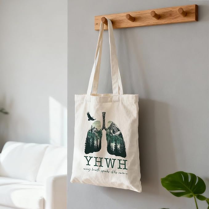 Christian Canvas Tote Bag, YHWH Every Breath Speaks His Name Tote Bag, Christian Canvas Totes for Work Traveling, Reusable Grocery Shoulder Shopping Bags, Christmas Gifts to Women Friends