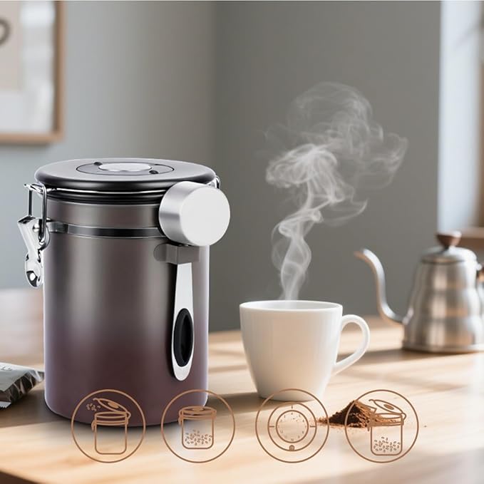 Coffee Canister Airtight Storage Container Stainless Steel Coffee Jar with Scoop,Date Tracker CO2 Release Valve for Dry Food Beans Ground Tea Flour Cereal and Sugar (1.8L Grey-Brown With Spoon)