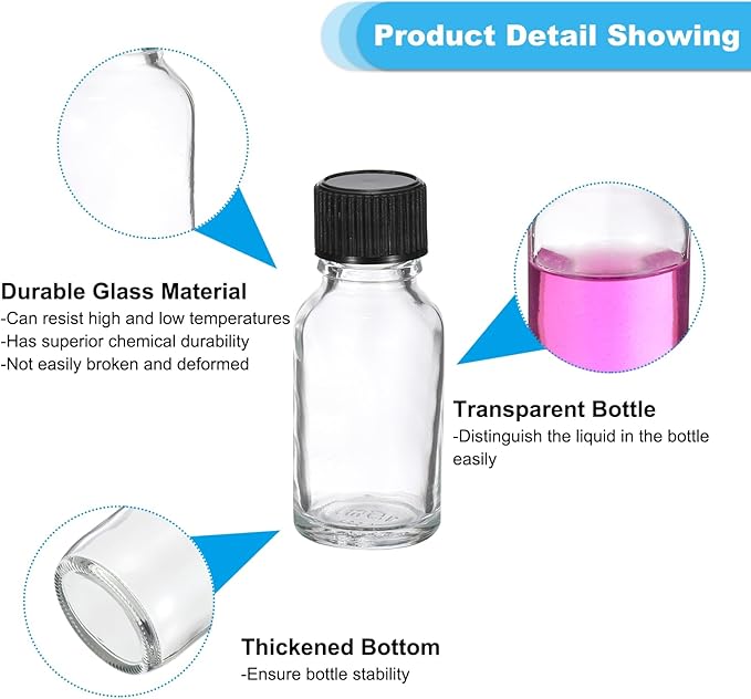 PATIKIL 0.5oz(15ml) Glass Sample Bottles, 24Pcs Round Bottle Dispensing Bottles with Black Poly Cone Cap for Reagent Liquids, Juice, Perfume Hot Sauce Ginger Shots, Transparent