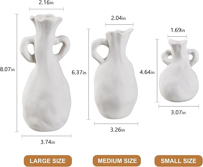 VECELO White Ceramic Vase Set of 3, Modern White Vases for Centerpieces, Flower Vases with Handles for Entryway, Shelf, Mantels, Dining Table