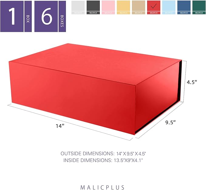 Large Gift Box with Lid 13.5x9x4.1 Inches, Red Bridesmaid Proposal Gift Box with Magnetic Closure for All Occasion (Glossy Red)