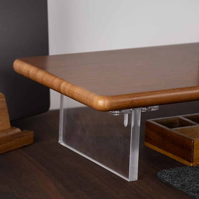 Bamboo Monitor Stand Riser with Acrylic Legs for Desk, 31.5 Inches Desktop Shelf Supports for PC Computer Monitor, Laptops, Printer, Speakers (Brown)