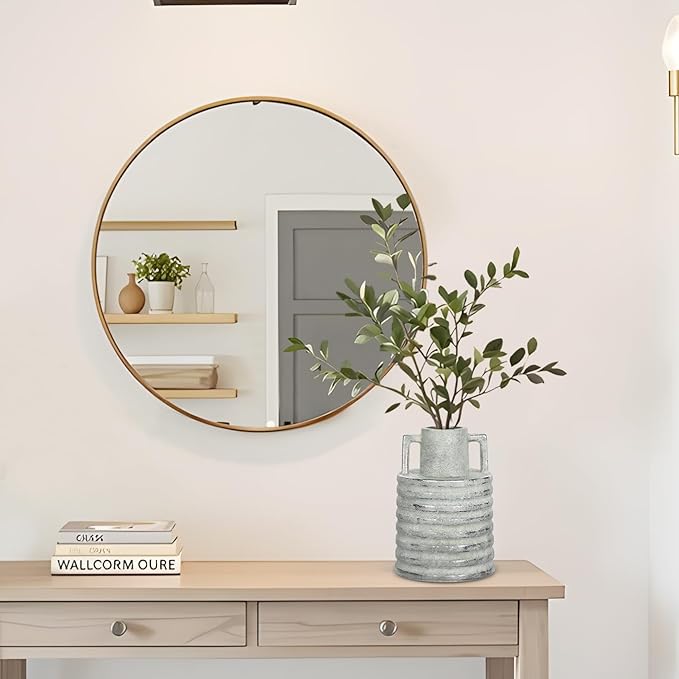 Hollyone Large Vintage Ceramic Vase with 2 Handles, 9.1" Tall Silver-Toned Antique Rustic Decorative Floral Grey Vases for Flowers Home Table Centerpiece Shelf Living Room Entryway Farmhouse Decor