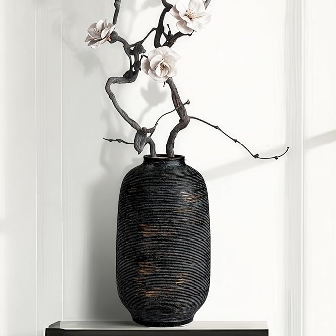 Large Tall Ceramic Vase, 10.8 inch Bronze Minimalist Textured Flower Vase, Rustic Farmhouse Decor for Home, Living Room, Shelf, Table, Bathroom & Entryway Decoration (Black Bronze)