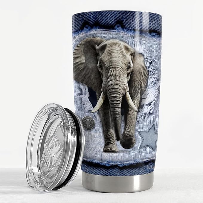 SANDJEST Elephant Tumbler 20oz Stainless Steel Insulated Tumblers Coffee Travel Mug Cup Jeans Drawing Style Elephants Gifts for Women Men Gift for Birthday Christmas