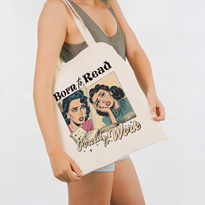 Funny Canvas Tote Bag, Born To Relax Forced To Work Tote Bags, Inspirational Canvas Totes for Work Traveling, Reusable Grocery Shoulder Shopping Bags, Christmas Gifts for Women Friends
