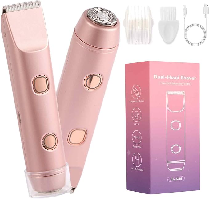Bikini Trimmer for Women 2-in-1 Electric Razors for Pubic Hair Painless Wet & Dry Use Dual Head Electric Shaver for Women Support 60 Minutes Runtime for Facial Hair Removal & Body & Intimate Areas