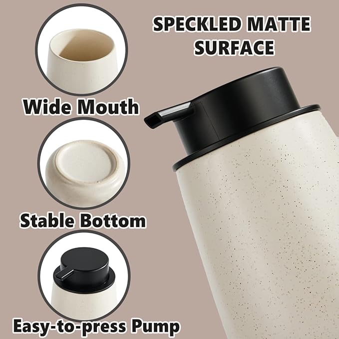 12Oz Foaming Soap Dispenser - Ceramic Foam Hand Soap Dispenser with Easy-to-Press Black Pump, Reusable and Refillable Lotion Dish Soap Dispensers for Bathroom & Kitchen, Speckled Matte Beige