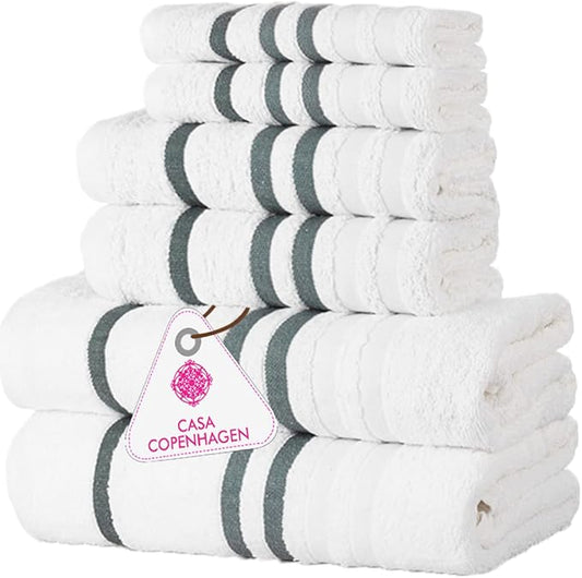 CASA COPENHAGEN Exotic Designed in Denmark 525 GSM Hotel & Spa Kitchen & Bath Set of 6 Egyptian Cotton Towels - 2 Bath Towels, 2 Hand Towels, 2 Washcloths - White